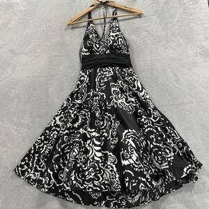 Betsy & Adam Halter Flare Dress Women 6 White Black Floral Ruffle Vtg 90s